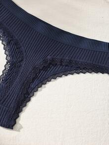 3pcs Solid Color Lace Patchwork Bow Ribbed Cotton Women's Thong - Multicolor - View 5