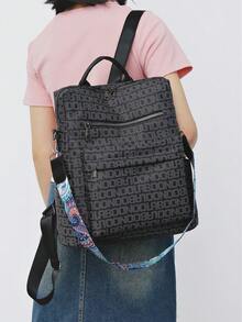 1pc Letter Print Women Backpack, Patchwork Decor Travel Daypack, Detachable Shoulder Strap Multifunctional Casual School Bag - Black - View 2