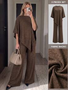 Women's Spring/Autumn Solid Color Elegant Sheer Cape Outerwear And Leggings Set, Suitable For Daily Commute, Vacation, Dating - Brown - View 4