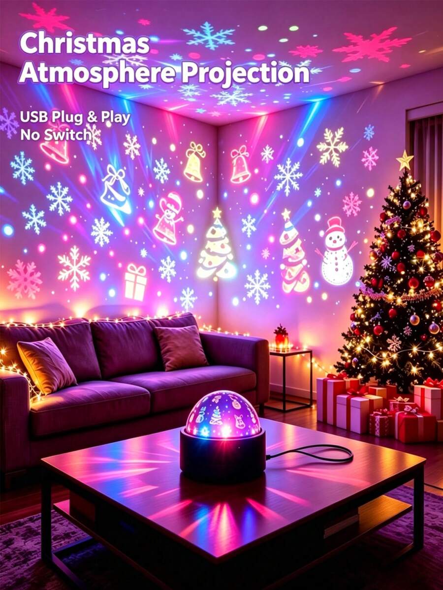 USB供電聖誕圖案投影燈 RGB LED小夜燈 雪人雪花聖誕樹投影燈 適合聖誕派對、居家臥室天花板裝飾、節日禮物 - 均碼 - 查看 1