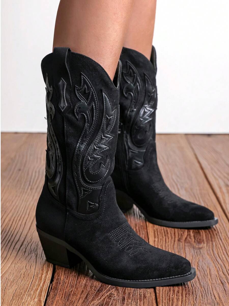 wellspring Ideal With Fall Clothes,Women's Western Style Embroidered Pointed Toe Slip-On PU Knee-High Boots, Chunky & Mid Heel, Winter Warm - Black - View 1