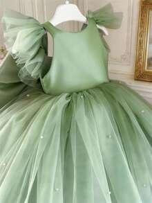 女婴薄荷绿荷叶袖蝴蝶结串珠网纱优雅派对礼服，公主裙，适合女童一周岁生日、派对、宴会、婚礼花童、节日庆典等场合。 - 薄荷綠 - 查看 5