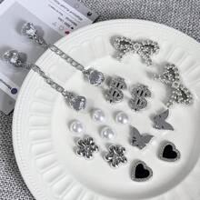 16pcs Silvery Heart Shaped Chain Shoe Charms | Bling Rhinestone Bow-Knot Dollar Shoes Decorations, Diy Removable Artificial Faux Bead Shoe Accessories - Silver - View 6