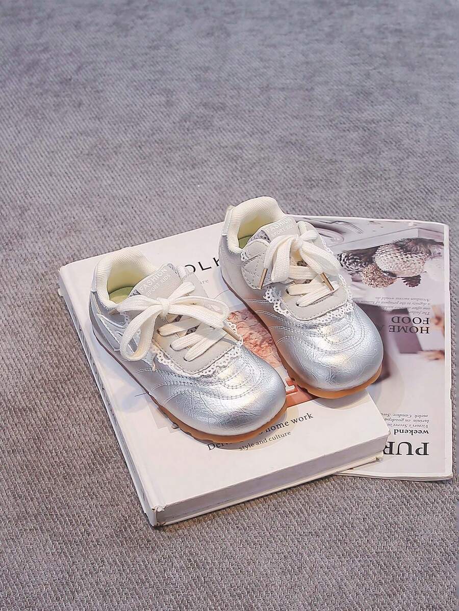 Girls' Lace Casual Sports Shoes, Soft Sole Lace-Up Children's Training Shoes - Silver - View 1