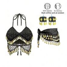 1 Set Handmade Sequin Beaded Tassel Camisole Bra With Multicolor Metallic Fabric Glitter Sequin Waist Belt Skirt Belly Dance Costume Stage Carnival Performance Outfit. Suitable For Party, Beach, Bohemian Vintage Style. - Multicolor - View 13