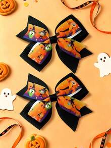 2pcs Halloween Bow Hair Clips For Girls Fashionable Gift Children Girls Hair Bows With Clips For Halloween Gift Festivals Party School - Green - View 4