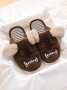 Men's Plush Pug Slippers, Bone Print Indoor/Outdoor Winter Closed-Toe Slippers, Couples Winter Slippers - Dark Brown - View 6