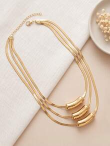 1pc Fashionable Delicate 3-Layer Flat Snake Chain With Round Ball Layered Collarbone Necklace, Suitable For Women's Daily Wear, Holiday Gift And Birthday Gift - Gold-a - View 4