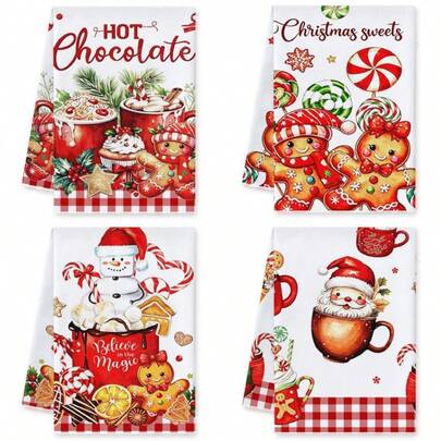 Khăn lau bếp Giáng Sinh màu hồng họa tiết bánh gừng, bộ 4 khăn lau bát dệt với in hình bánh gừng hồng trang trí bếp Giáng Sinh, quà tặng cho nữ chủ nhà