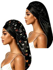 CONFLASS Leopard Print Butterfly Pattern Long Satin Sleep Cap, Loose Elastic Band Silk Hair Bonnet, Extra Large Long Braid Curly Hair Cap, Women's Essential Night Sleep Cap For Back To School - Multicolor - View 19