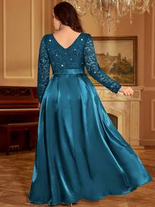 Sequin Lace Colorblock Satin Ruffle Hem Elegant Ball Gown, Formal Dress For Prom, Valentine's Day, Wedding Guest, Birthday, Homecoming, Formal Occasion, Holiday - Dusty Blue - View 2