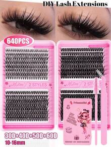 MEM 640/544/320pcs D Curl Cluster False Eyelashes, 10-16mm 10D-100D Soft Segmented Lashes, DIY Suitable For Daily Wear, Wedding, Party, Christmas And Halloween Gift - Black - View 8