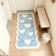 1pc Cute Wavy Edge Long Rug, Light Blue Background With White Heart Pattern, Plush Texture, Sweet And Lovely, Hand-Cut With 1-5cm Error, Soft Foot Feel Long Rug, Decorative Rug, Bedroom Decor, Small Rug, Rug, Home Decor, Living Room Rug, Bedroom Rug, Outdoor Rug, Washable Rug - Multicolor - View 2