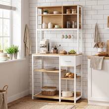 VASAGLE Scaffale da Cucina con Prese, Scaffale per Microonde, Ripiani Regolabili, Cassetto in Tessuto, 12 Ganci, 40 x 80 x 180,8 cm, Bianco Opaco e Rovere Dorato - Bianco opaco e rovere dorato - Visualizzare 5