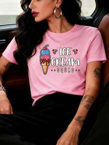 New Summer 2026 Collection, 1-Piece Women's Fashion Round-Neck Short-Sleeve T-Shirt, Ice Cream Print Pattern, Free Shipping On Sizes S-7XL - Pink - View 1