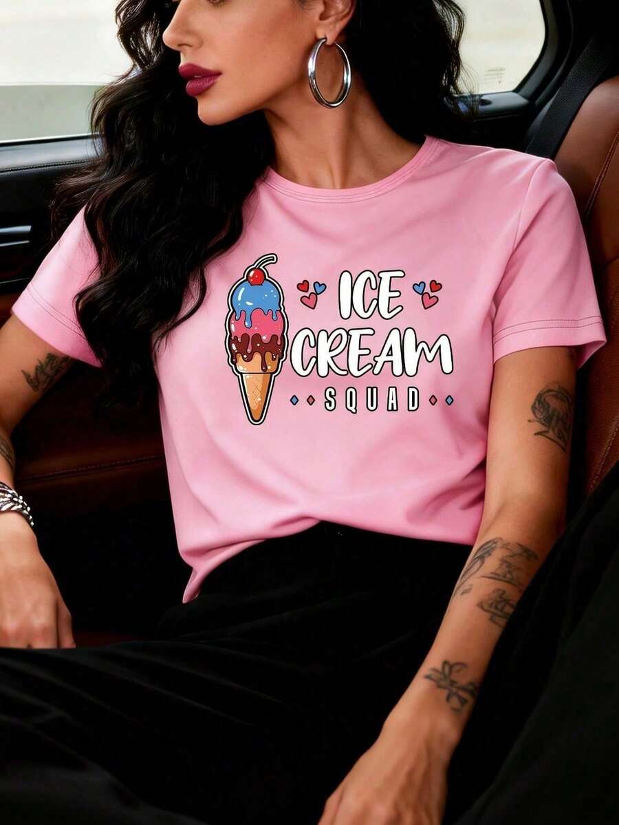 New Summer 2026 Collection, 1-Piece Women's Fashion Round-Neck Short-Sleeve T-Shirt, Ice Cream Print Pattern, Free Shipping On Sizes S-7XL - Pink - View 1