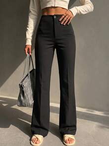 Women's Elegant Flared Pants, Solid Color Knit Stretch Trousers, Ideal For Work And Daily Wear, Effortlessly Create A Stylish Look. - Black - View 5