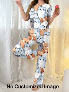 2pcs Customized Face Photo And Heart Pattern Women's Pajama Set - Personalized Romantic Gift For Valentine's Day, Birthday, Daily Home Wear, Short Sleeve Round Neck Top And Pants, Women's Set, Women's Summer Set - Black - View 4