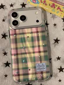 Ins Style Semi-Transparent Fine Glitter Star Brown Plaid Phone Case Compatible With Iphone 17 Pro Max, 16 Pro, 15, 14, Niche Girly Minimalist Fresh Cartoon Cute - Green - View 2