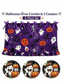 Halloween Theme Oven Curtain, Printed With Ghost, Pumpkin And Black Cat Patterns; Farmhouse Style Kitchen Decor And Cabinet Accessory, Featuring Ruffle Hem And Top Tie Design, Creating A Festive Country Kitchen Atmosphere - Multicolor - View 10