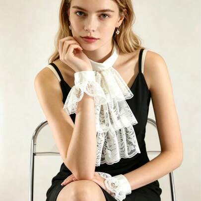 Vintage Victorian Style Multi-Layer Lace Detachable Collar + Ruffled Wrist Cuffs Set, Adjustable Removable Decorative Accessories For Banquet Dress