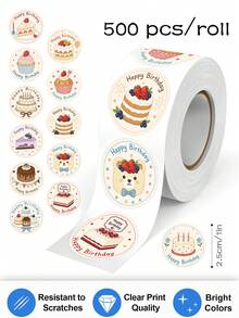 500pcs Cute Cartoon Happy Birthday Stickers Roll, 1 Inch Round, 12 Designs, INS Style, Birthday Gift Seal Stickers, Baking Gift Box Party DIY Decoration Stickers, PVC Self-Adhesive Label Stickers - Multicolor - View 1
