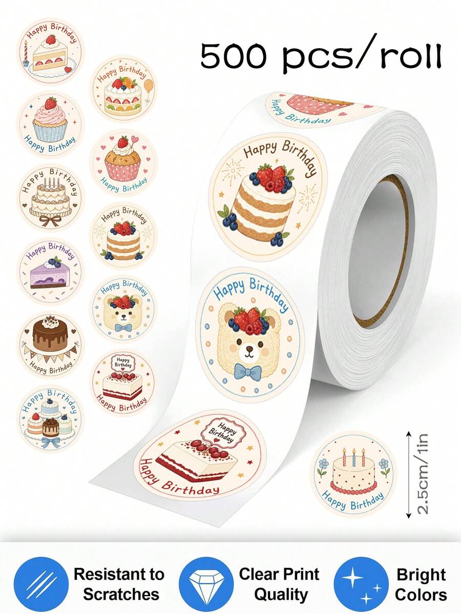 500pcs Cute Cartoon Happy Birthday Stickers Roll, 1 Inch Round, 12 Designs, INS Style, Birthday Gift Seal Stickers, Baking Gift Box Party DIY Decoration Stickers, PVC Self-Adhesive Label Stickers - Multicolor - View 1