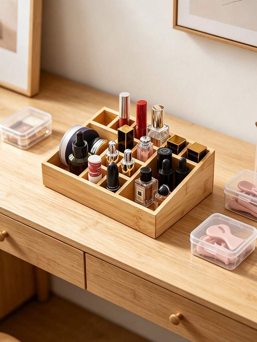 Organizer Kosmetik Bambu Multi-Kompartemen, Tempat Penyimpanan Makeup Meja, Baki Multi-Slot untuk Lipstik, Parfum, Minyak Esensial, Perawatan Kulit, Meja Rias, Kamar Tidur, Hadiah untuk Wanita - View 1