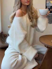 Just Masa Women's Fall Winter One Shoulder Fuzzy Sweater,Solid Color Long Sleeve Asymmetrical Neck Rib-Knit Pullover,For Daily Wear,Going Out,Date - White - View 10