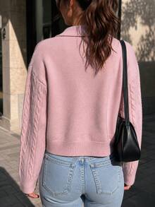 Joy Knit Women's Knitted Sweater, Autumn/Winter Fashion New Style, Versatile Top, Minimalist Casual Style, Turn-Down Collar V-Neck With Buttons, Pink - Pink - View 6