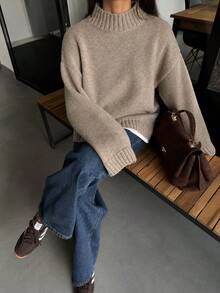 Joy Women's Knitted Sweater, Autumn/Winter New Style - Versatile Top - Minimalist Casual Multi-Functional - Solid Color Round Neck Bell Sleeve Loose Fit Autumn Style - Khaki - View 2