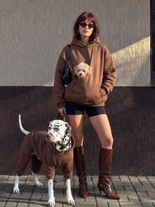 Women's Casual Fleece Sweatshirt With Large Pockets, Loose Fit, Pet-Friendly Design, Essential For Pet Owners, Autumn/Winter Outdoor Wear - Brown - View 9