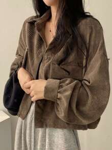 YUXIN Women's Autumn Vintage Short Corduroy Jacket, Lapel Button-Up Cardigan, Multi-Functional Practical Pockets, Drawstring Adjustable Hem, Casual Loose Fit, Elegant Everyday Top - Khaki - View 6