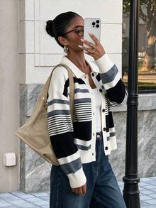 Women's Striped Knit Cardigan, Long Sleeve, Regular Fit, Lapel Collar, Ribbed Knit Detail, Suitable For Autumn/Winter Wear - White - View 9