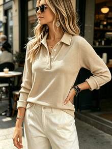 Fashion Women's Solid Color V-Neck Button Long Sleeve Blouse, Regular Fit, Suitable For Daily Wear - Khaki - View 2