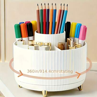 1pc Rotating Pencil Holder, White 5-Compartment PP Polypropylene Material Storage Box, Suitable For Desktop Drawer Organization Of Pencils, Markers, Colored Pens, Highlighters And Other Large Capacity Organizer Container, 360° Rotating Marker And Craft Stationery Storage Box