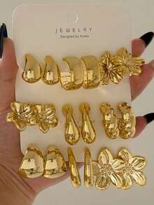 6-18pcs/Set Women's Gold Earrings Set, Flower, Water Drop, Twisted Design, Suitable For Daily Wear, Gift For Friends - Yellow Gold - View 2