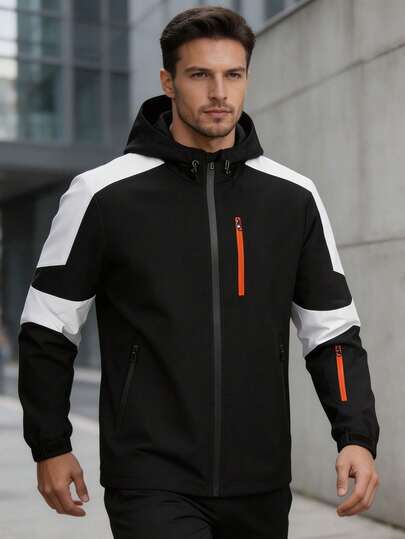 1pc Men's Black & White Colorblock Hooded Jacket, Orange Contrast Zipper Pockets, Hook & Loop Cuffs, Loose Fit Sports