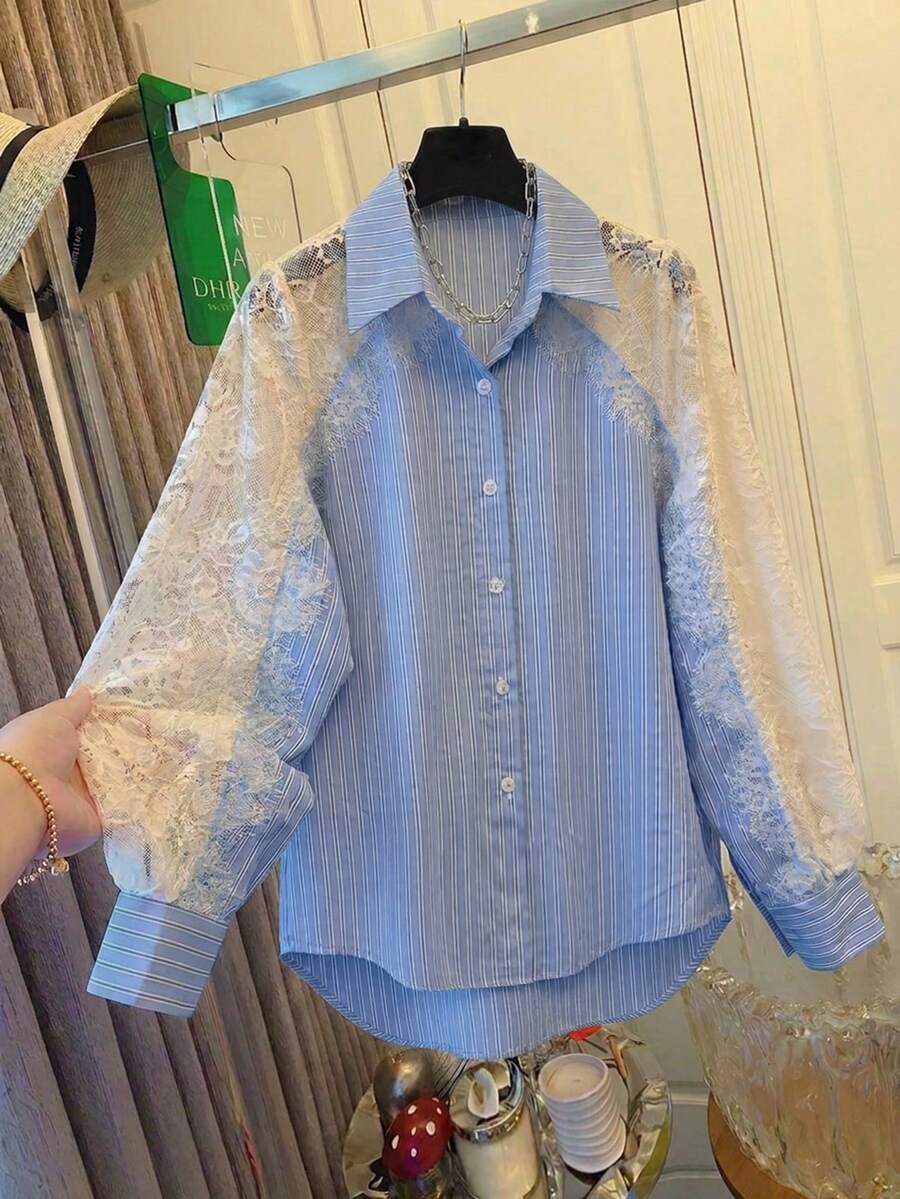 Elegant Semi-Sheer Lace Patchwork Long Sleeve Blouse For Women, Suitable For Street Casual And Dating Wear In Autumn - Blue - View 1