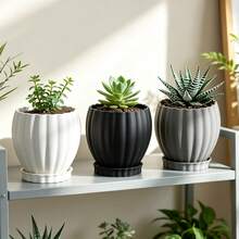 3D Printed Planter With Tray - Compact Vertical Textured Pot For Small Indoor Plants, Modern Minimalist Succulent Container With Drainage Holes, Suitable For Living Room, Bedroom, Office Desk, Windowsill, Ideal Gift For Plant Lovers - Flower Pot - View 2