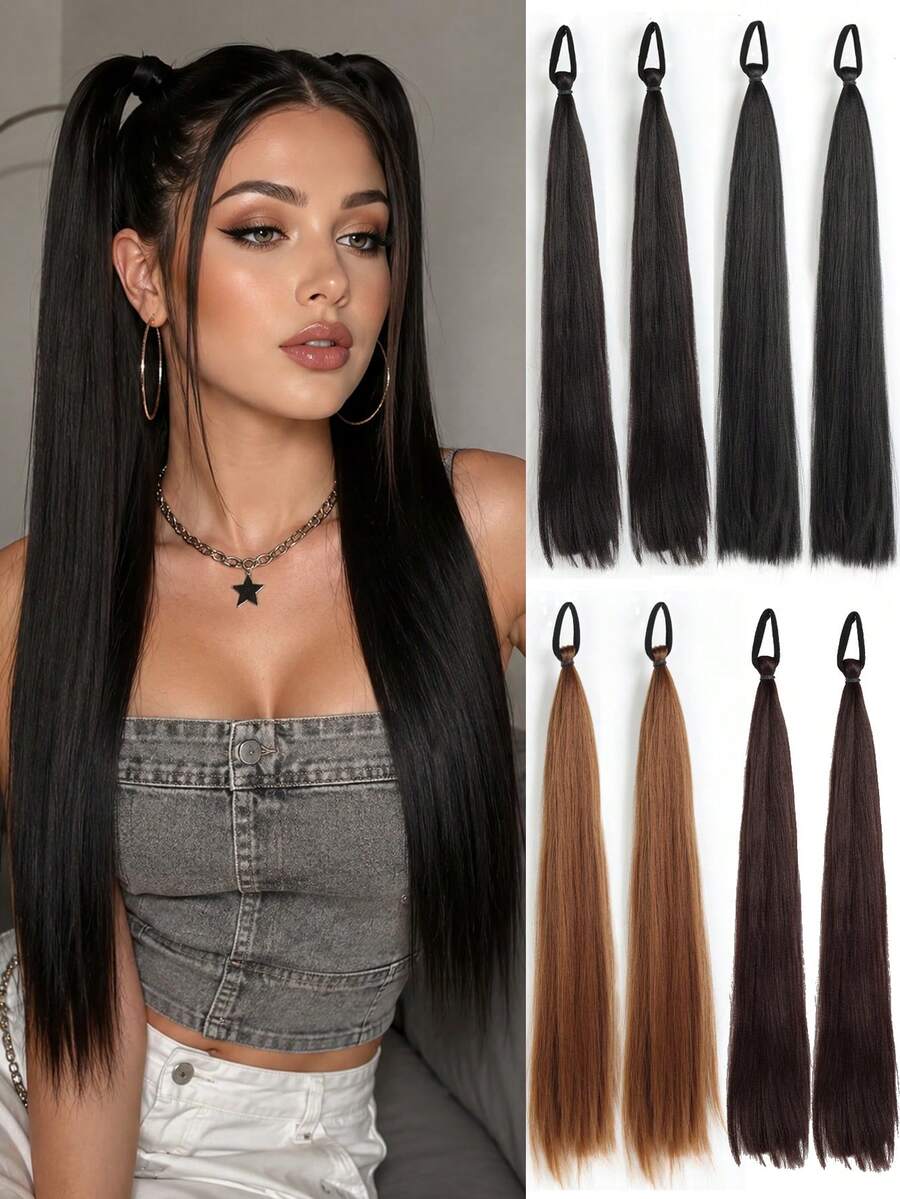 A Pair Of 18-Inch Long Straight Ponytail Wigs, With Elastic Hair Ties, Available In Multiple Colors, Suitable For Everyday Wear And Various Occasions. - Multicolor - View 1
