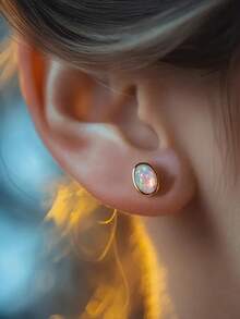 Tsnamer Minimalist Oval Opal Stud Earrings, White Opal Gemstone, Simple Geometric Jewelry, Fire Opal Mother's Day Gift - Yellow Gold - View 2