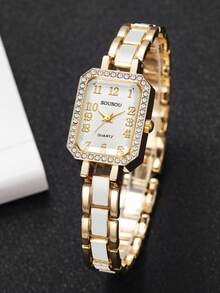 Women's Luxury Square Rhinestone Dial Quartz Watch, Elegant Small Square Wristwatch, Gift For Girlfriend (1pc/Set) Watch Box Not Included - White - View 6
