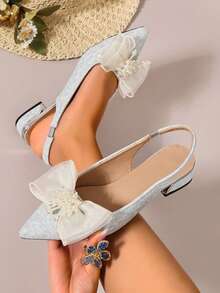 Light Gray Shiny Backless Women's Shoes, Mesh Pearl Bow Chunky Heel Commuter Sandals, Solid Color Western Wedding Style Buckle Bow Wedding Shoes - Silver - View 8