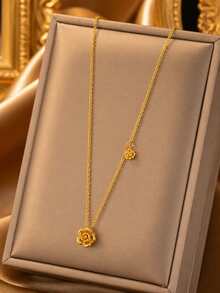 VceTd 1/2/3PCS Elegant Style Rose Shaped Stainless Steel Women Jewelry Set Suitable For Daily Wear Or Wedding Or Holiday Gift - Yellow Gold - View 4