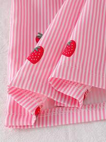 Baby Girl Spring/Autumn Strawberry Theme 2pcs Outfit Set, Pink & White Striped Long Sleeve Collared Single-Breasted Strawberry Print Shirt + Washed Gradient Frayed Hem Straight Leg Denim Jeans, Casual Outing Set - Pink - View 10