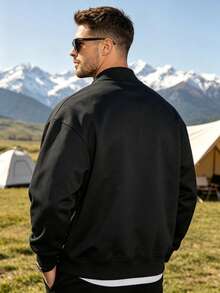 Men's Casual Polyester Jacket, Autumn Outerwear, Vintage Design, Holiday Aviator Jacket - Perfect For Daily Wear And Vacation - Black - View 3