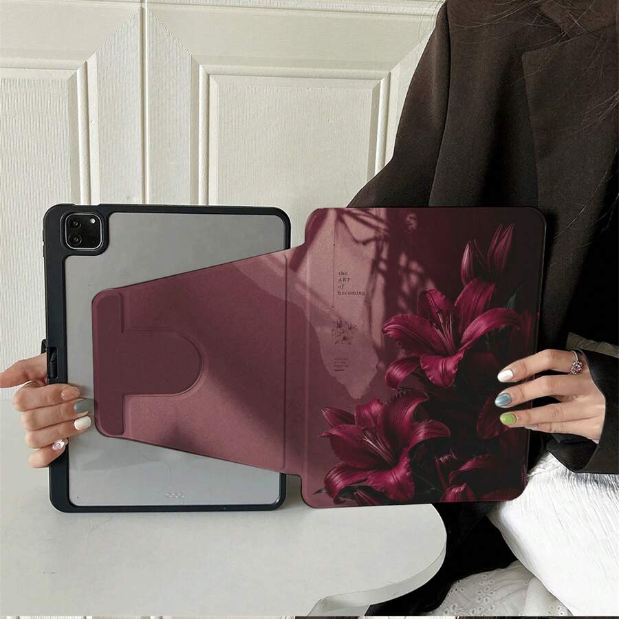 1pc Vintage Deep Burgundy Lily Floral 360° Rotating Tablet Protective Case, Compatible With IPad Air 6/5/4 & 10 (10.9 Inch) - Compatible With IPad Pro 2024, Air M3/A16 2025, Compatible With Samsung Galaxy Tab S9 FE/S8 Plus/S7/S10, Compatible With OPPO Pad, Compatible With Huawei MatePad, Compatible With Vivo Pad, Compatible With Honor Pad, Compatible With Lenovo Pad