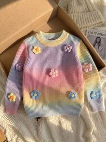 Girls Cute Gradient Color Embroidered Knit Pullover Sweater, Suitable For Vacation, Daily Wear, Spring, Autumn, Winter - Pink - View 2