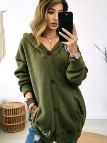 Plus Size Women Army Green Hooded Cardigan Bee Embroidery Knit Sweater Button Front Loose Coat Autumn Winter Cottagecore Fall - Army Green - View 3
